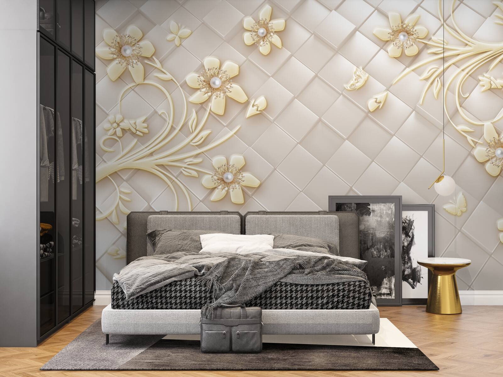 Fototapeta kvety a zlaté konáre na pozadí geometrických kosoštvorcov