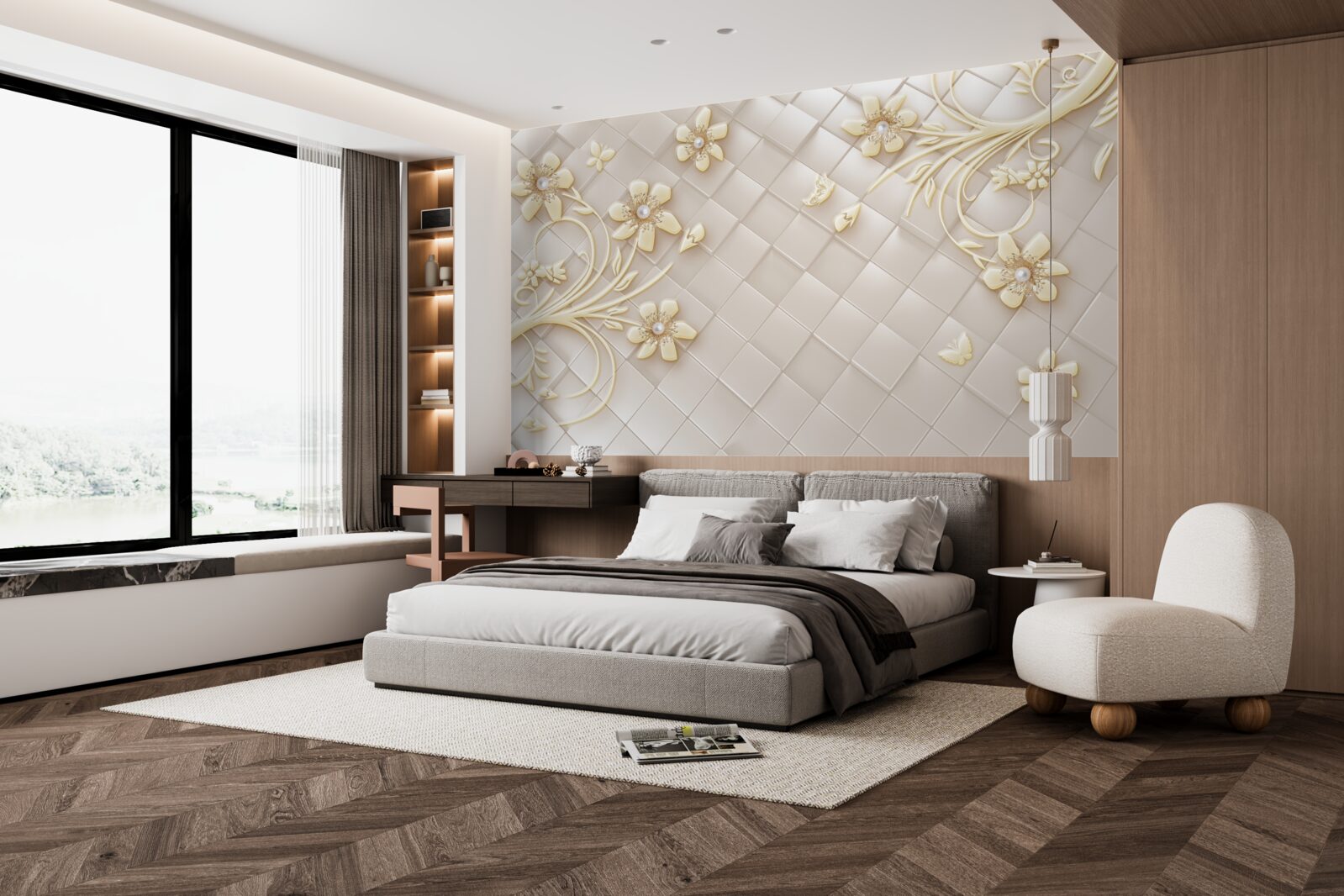 Fototapeta kvety a zlaté konáre na pozadí geometrických kosoštvorcov