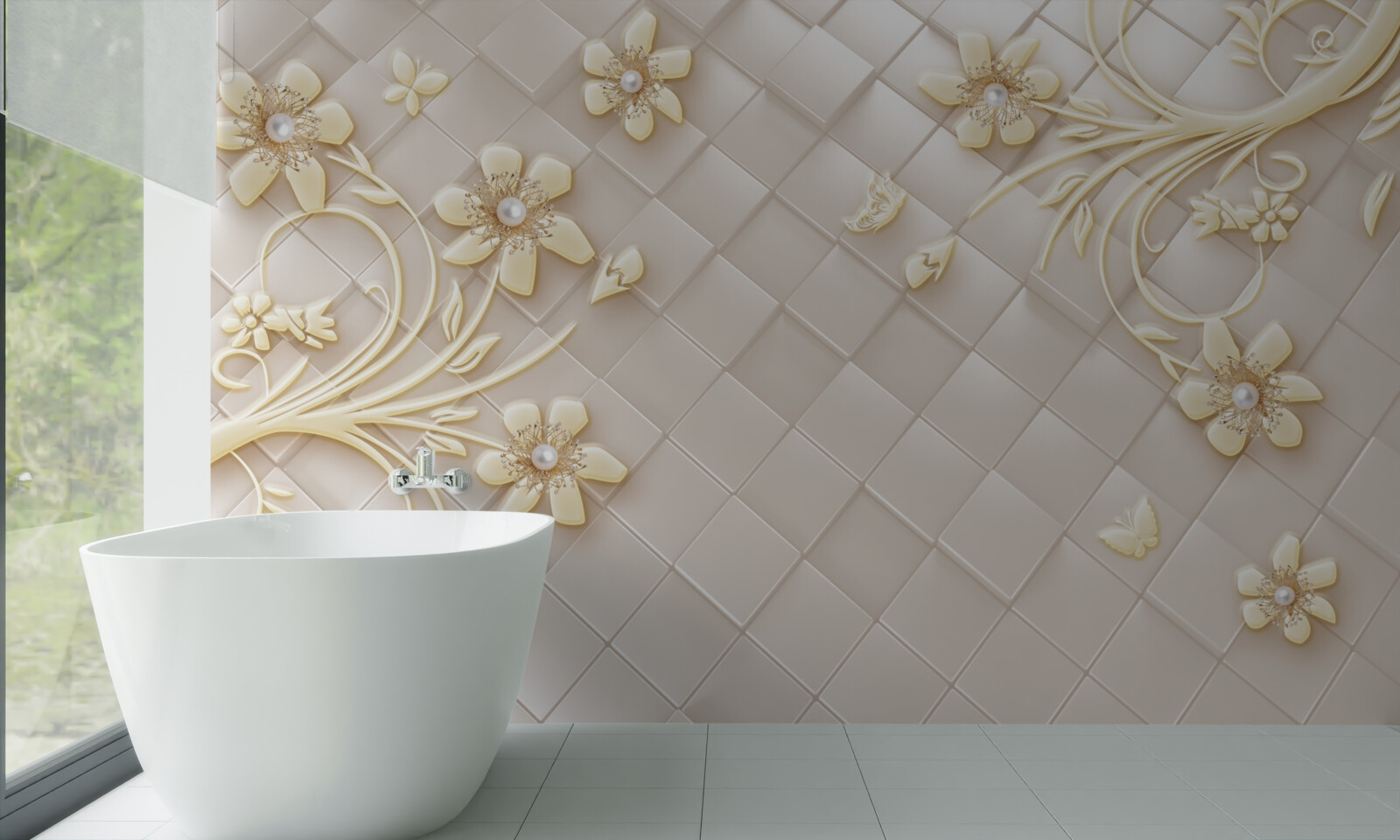 Fototapeta kvety a zlaté konáre na pozadí geometrických kosoštvorcov