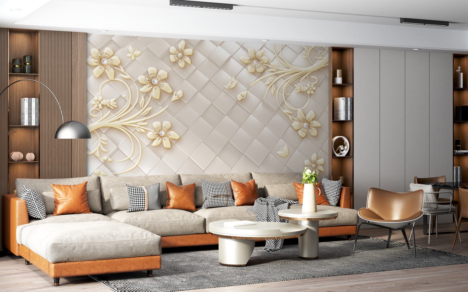 Fototapeta kvety a zlaté konáre na pozadí geometrických kosoštvorcov