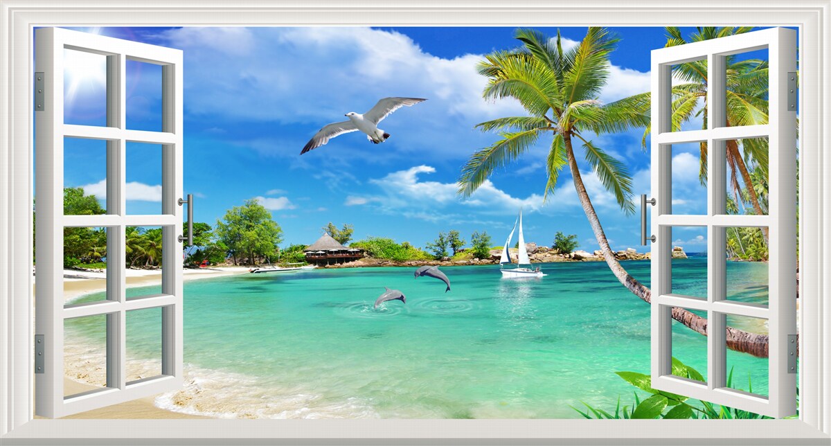 Fototapeta okná s nerušeným výhľadom na piesočnatú pláž a vodu
