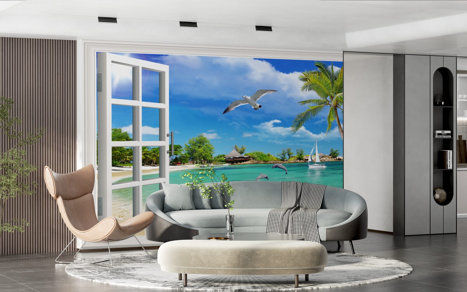 Fototapeta okná s nerušeným výhľadom na piesočnatú pláž a vodu