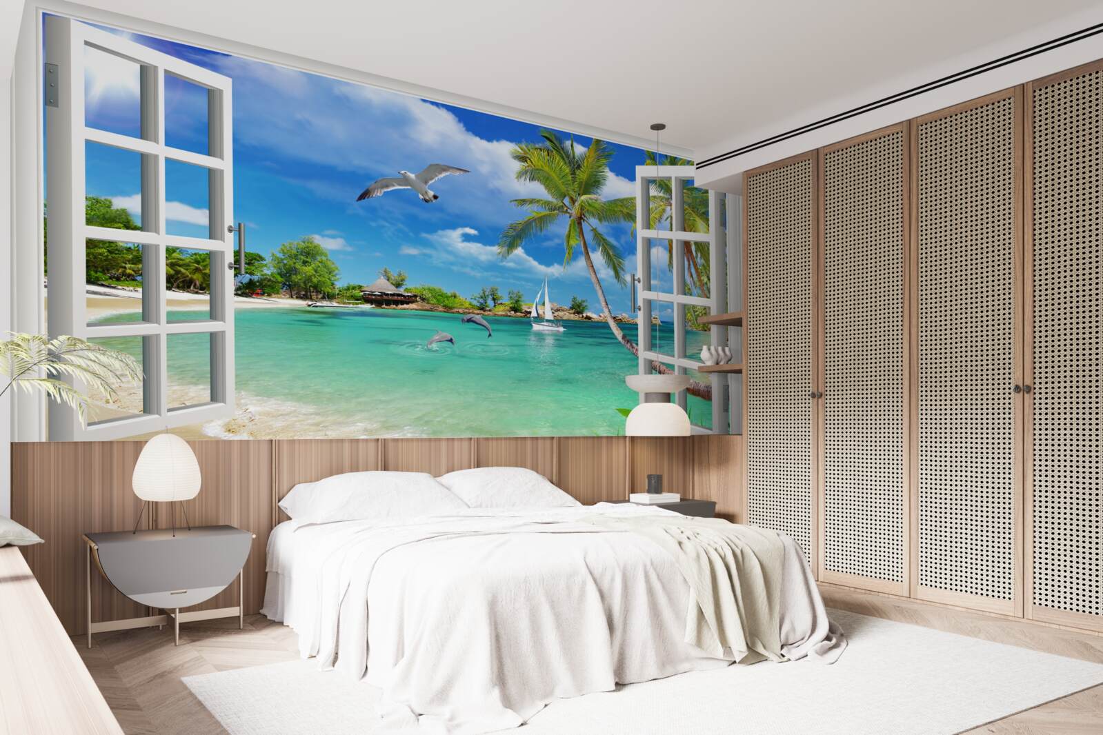 Fototapeta okná s nerušeným výhľadom na piesočnatú pláž a vodu