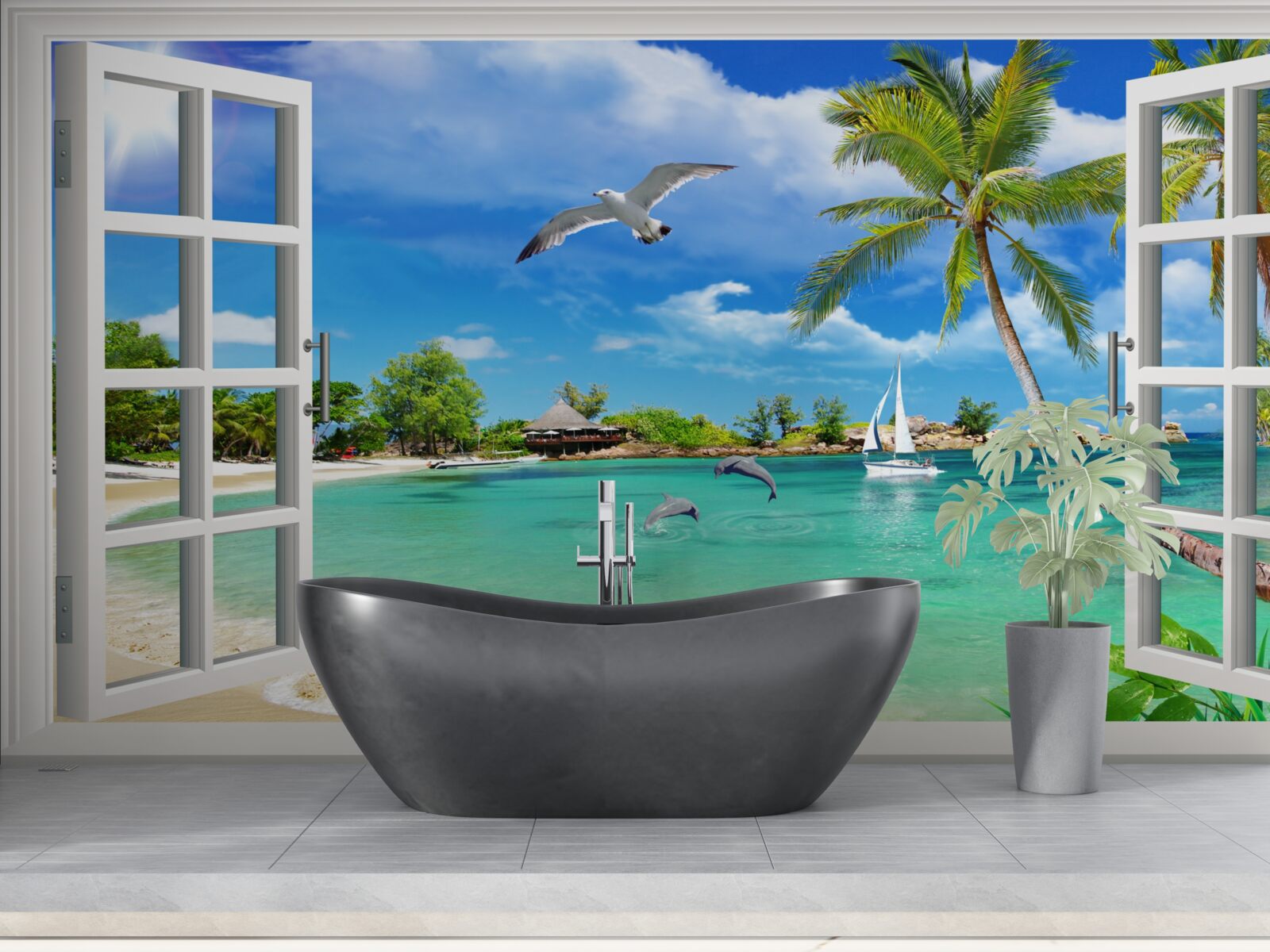 Fototapeta okná s nerušeným výhľadom na piesočnatú pláž a vodu