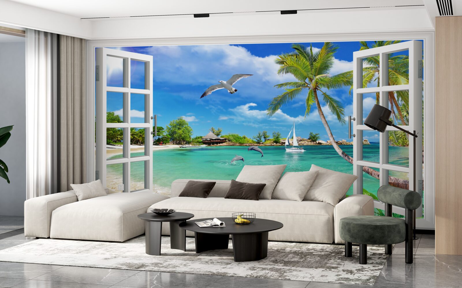 Fototapeta okná s nerušeným výhľadom na piesočnatú pláž a vodu