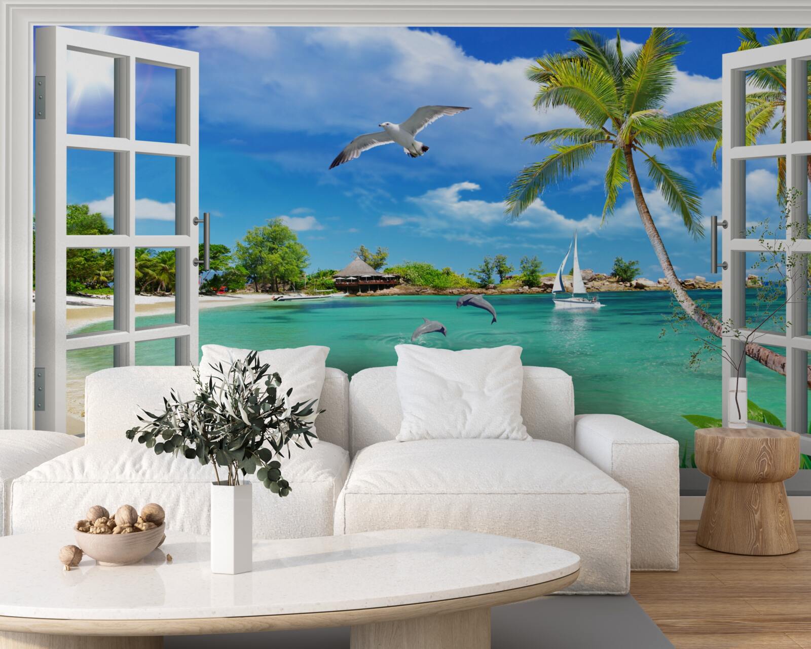 Fototapeta okná s nerušeným výhľadom na piesočnatú pláž a vodu