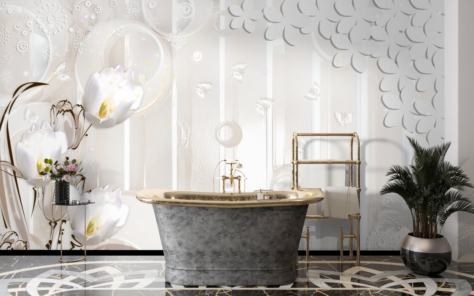 Fototapeta nádherné snehovo biele tulipány a kvapôčky vlhkosti