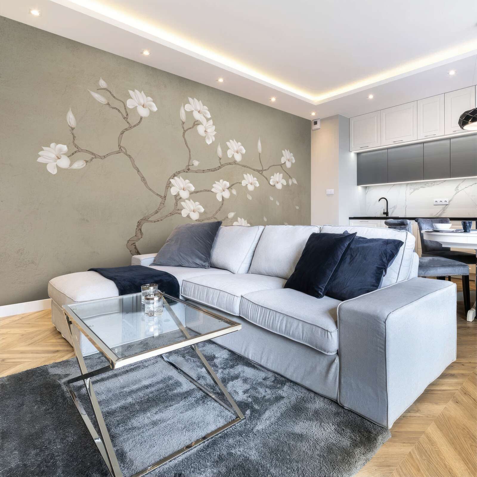 Fototapeta jediný strom s bielymi kvetmi v hmle