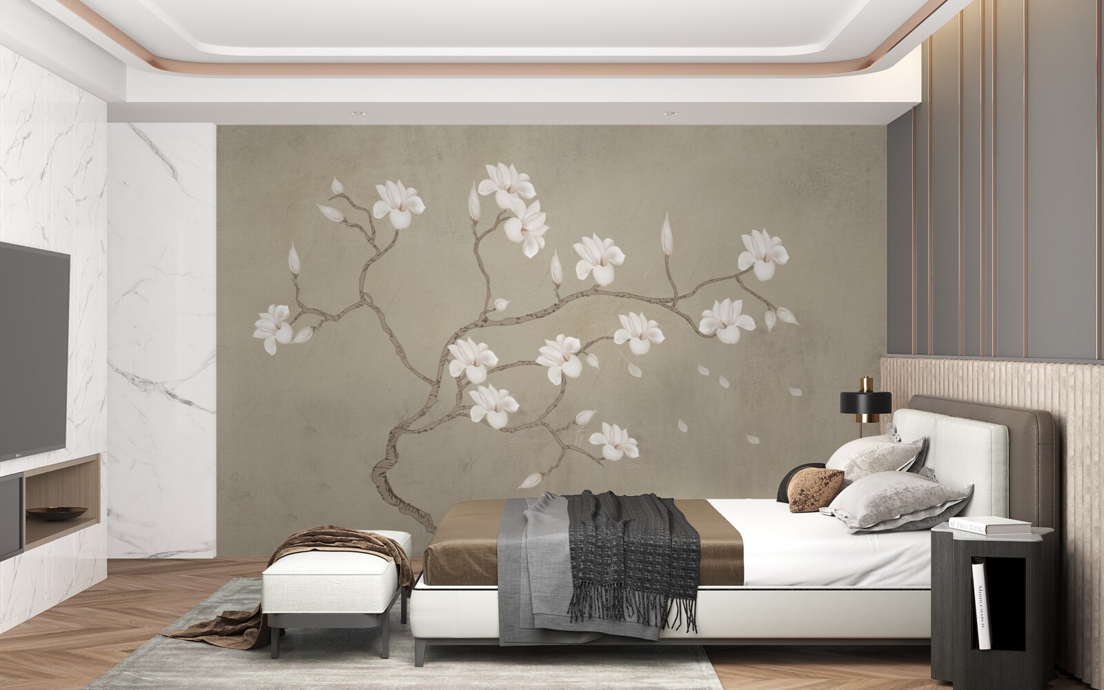 Fototapeta jediný strom s bielymi kvetmi v hmle