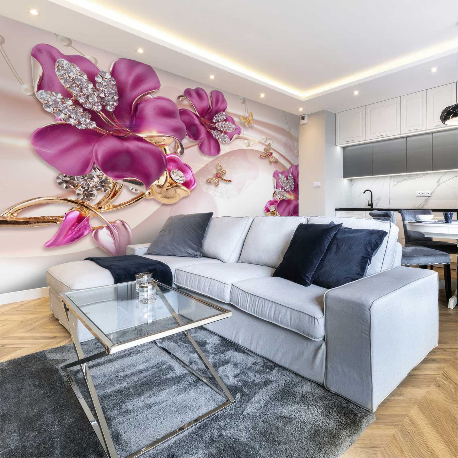 Fototapeta fialové okvetné lístky obklopené perlami a zlatom