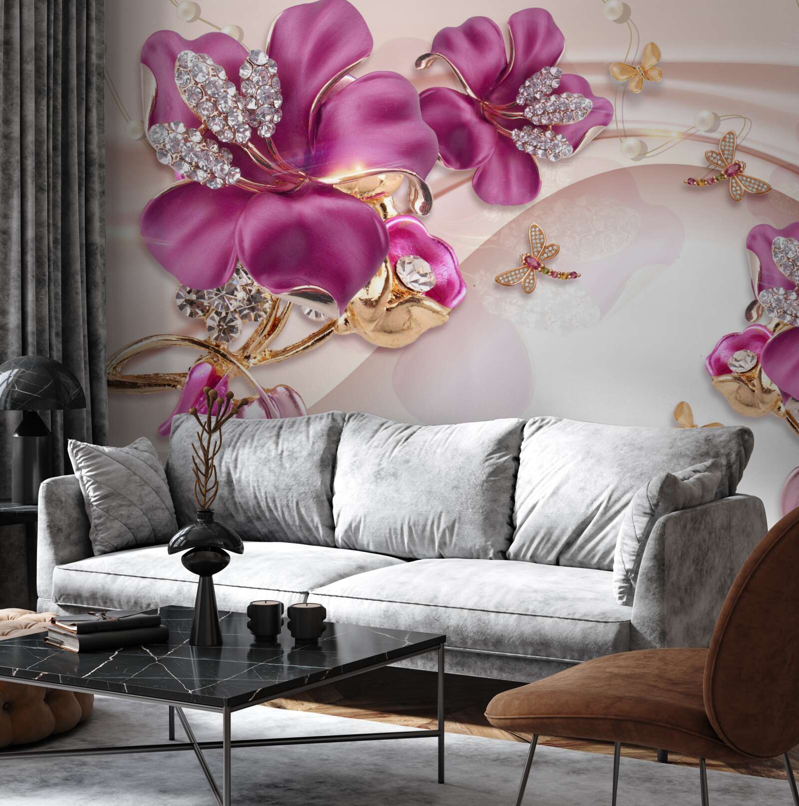 Fototapeta fialové okvetné lístky obklopené perlami a zlatom