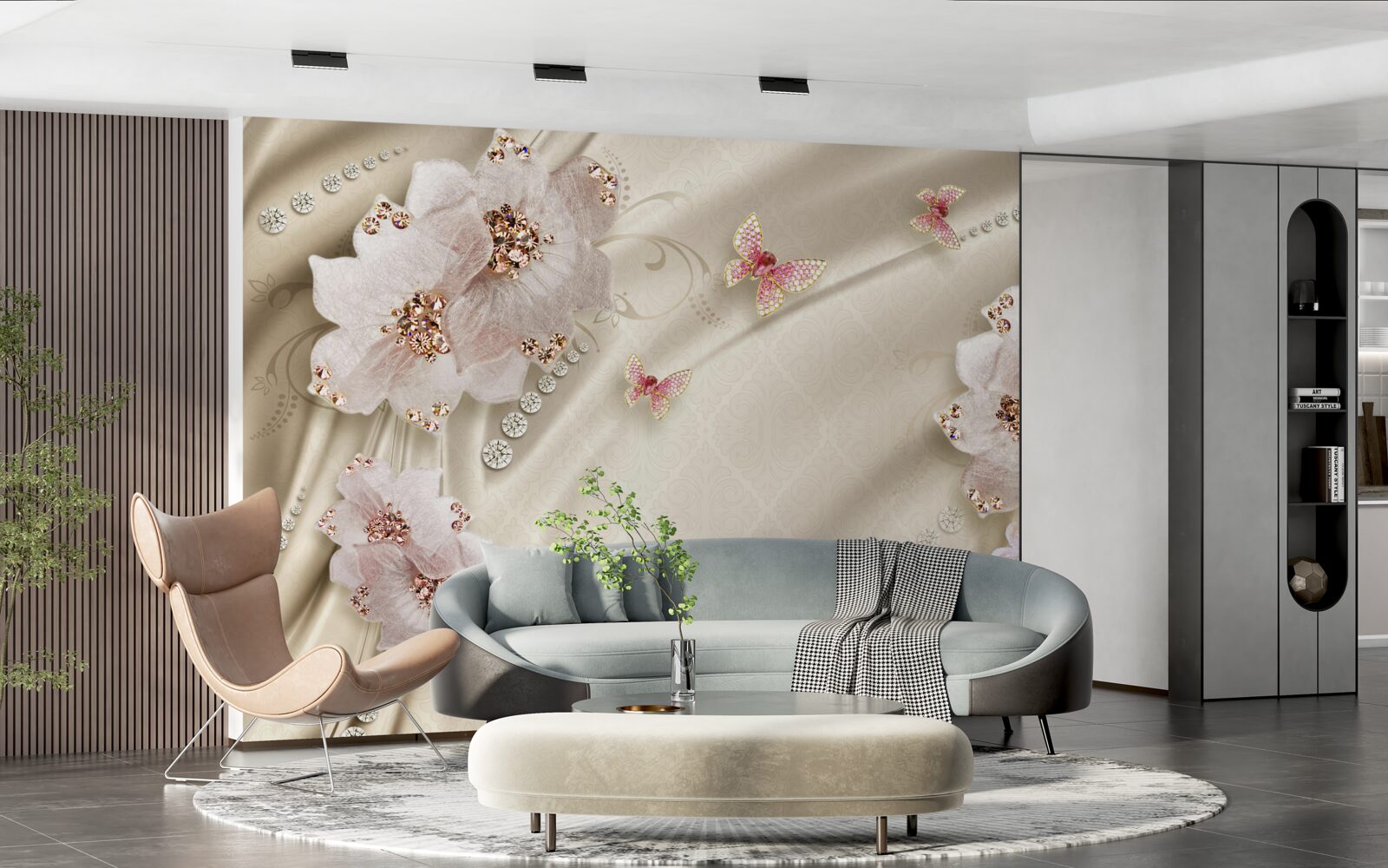 Fototapeta motýle a snehobiele kvety jemne zdobia hodváb