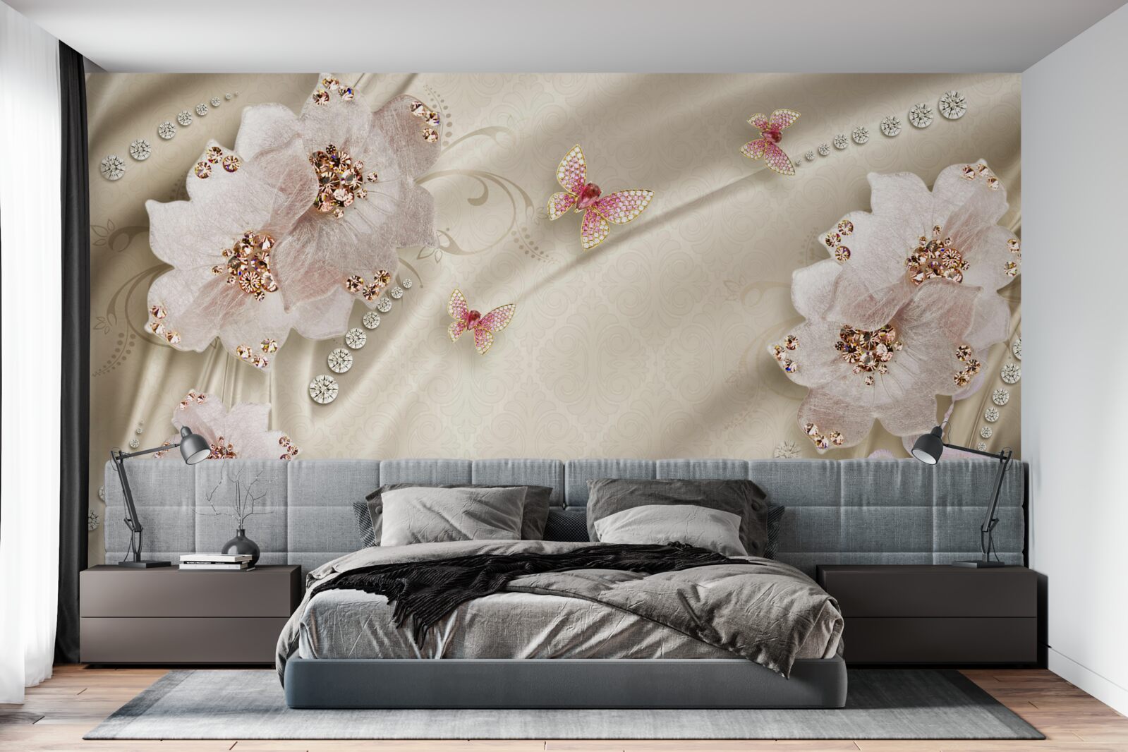 Fototapeta motýle a snehobiele kvety jemne zdobia hodváb