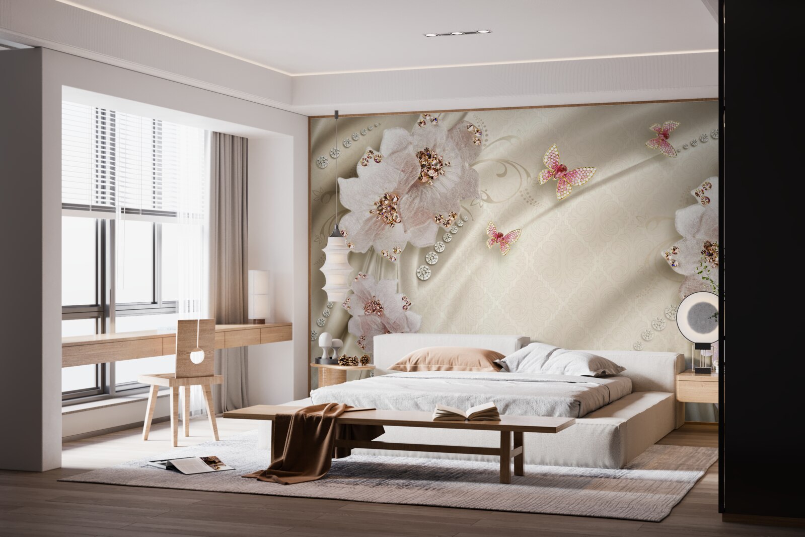 Fototapeta motýle a snehobiele kvety jemne zdobia hodváb