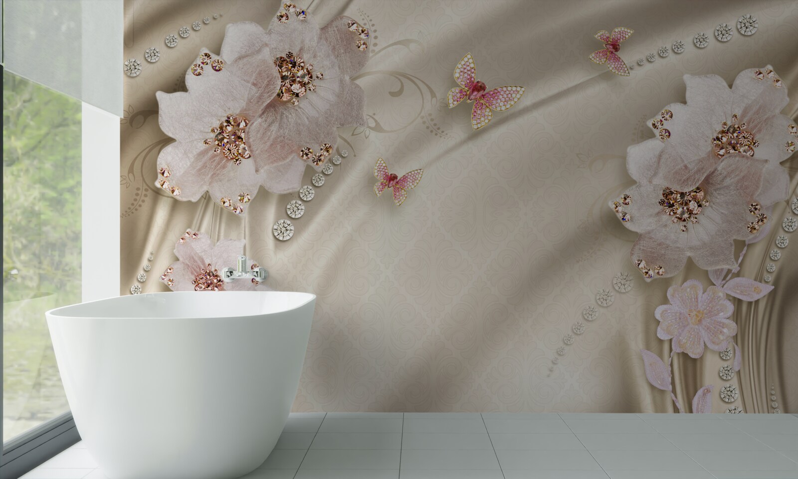 Fototapeta motýle a snehobiele kvety jemne zdobia hodváb