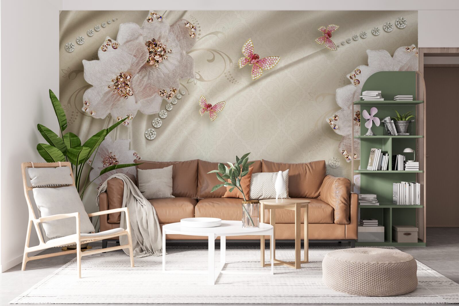 Fototapeta motýle a snehobiele kvety jemne zdobia hodváb