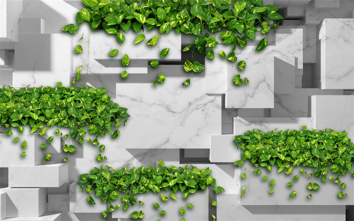 Fototapeta kvetináč s kvetmi, zelenou stenou a vegetáciou