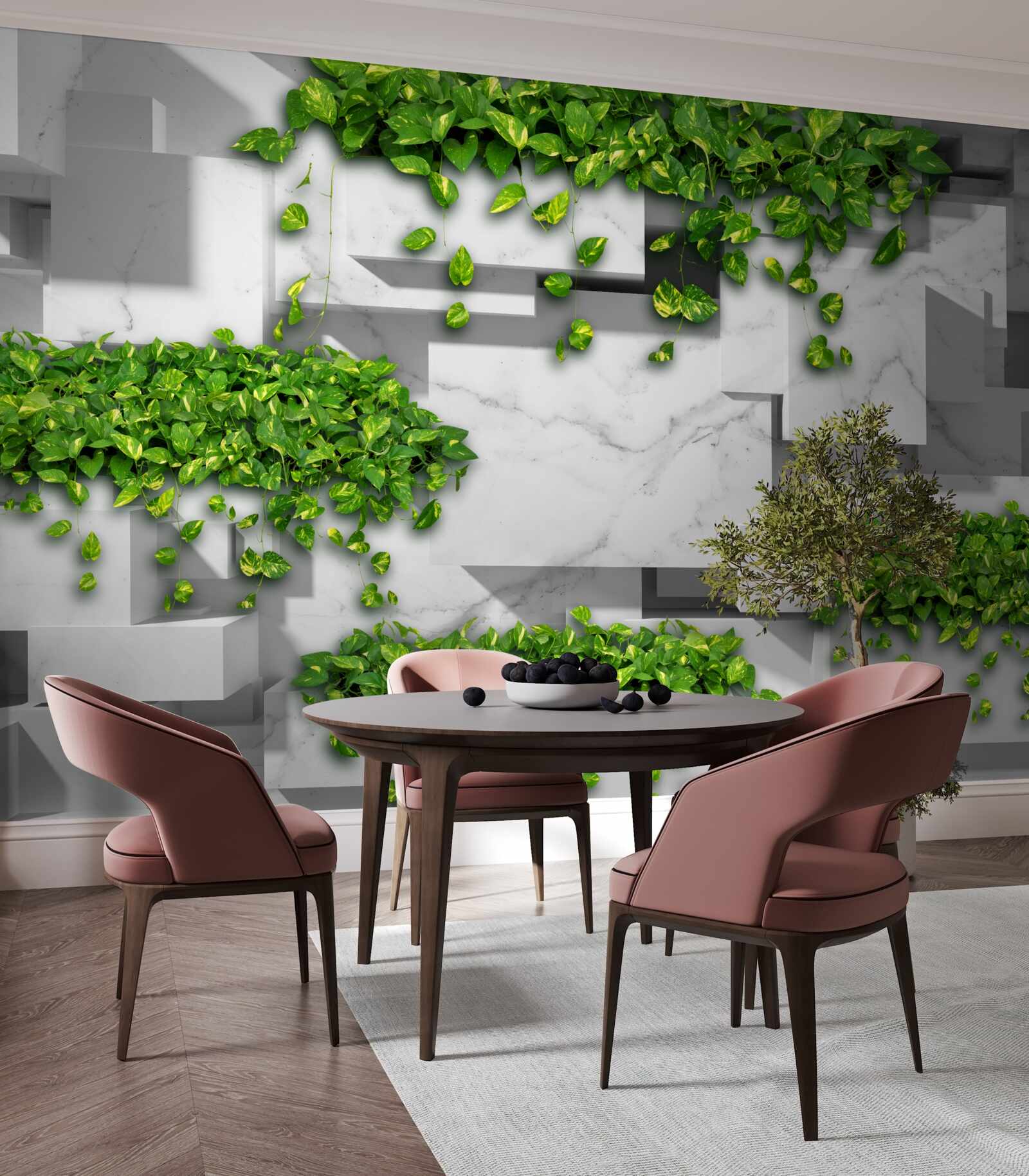 Fototapeta kvetináč s kvetmi, zelenou stenou a vegetáciou