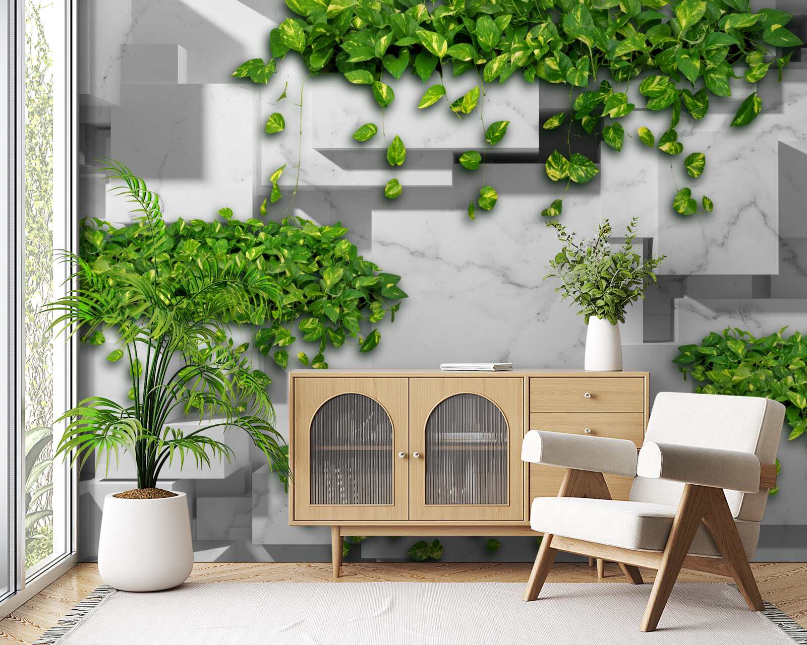 Fototapeta kvetináč s kvetmi, zelenou stenou a vegetáciou