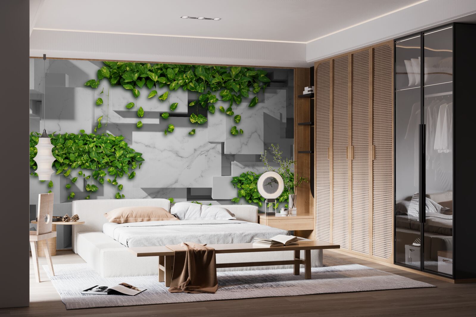 Fototapeta kvetináč s kvetmi, zelenou stenou a vegetáciou