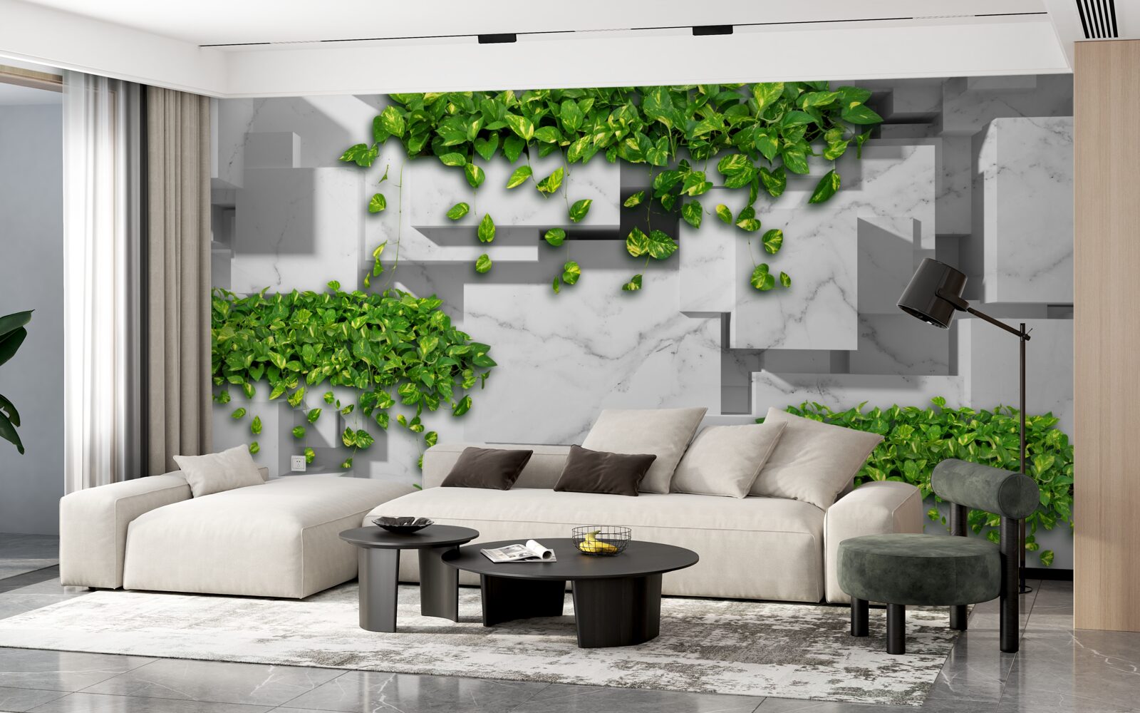 Fototapeta kvetináč s kvetmi, zelenou stenou a vegetáciou