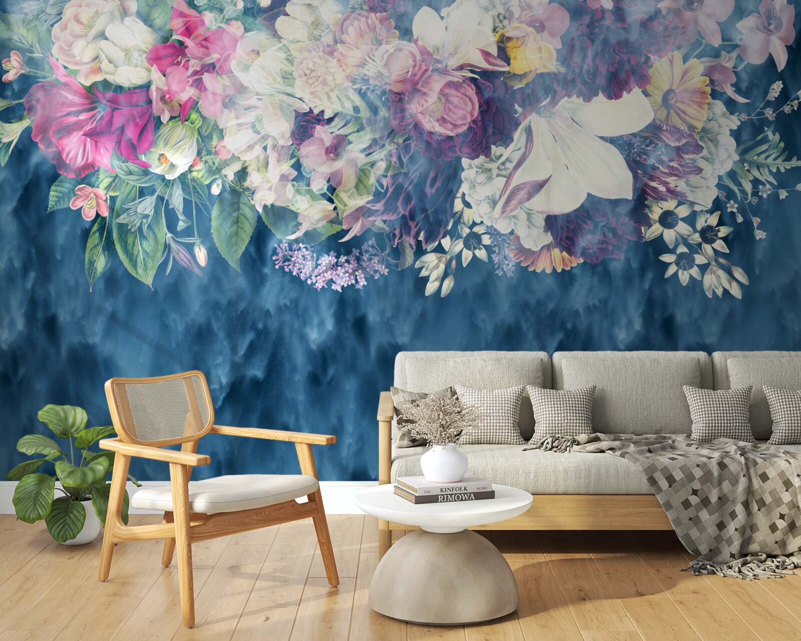 Fototapeta Stena, pohovka a modré tienidlo