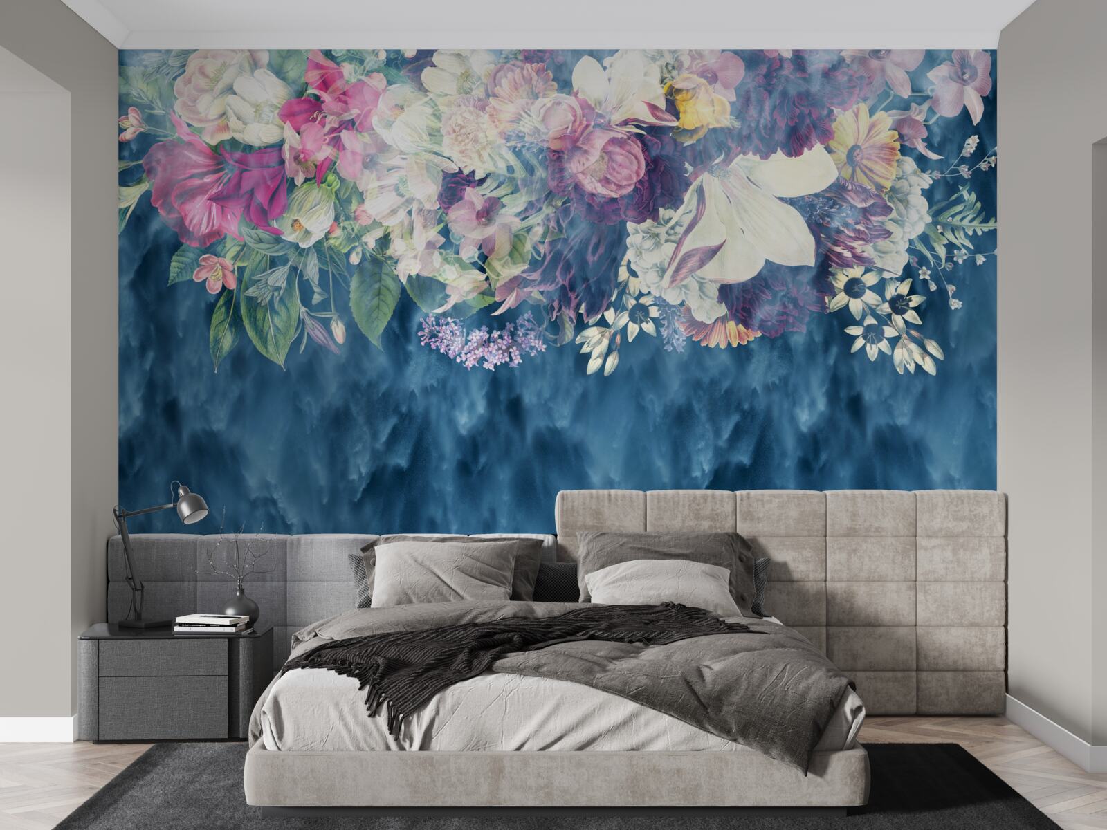 Fototapeta Stena, pohovka a modré tienidlo