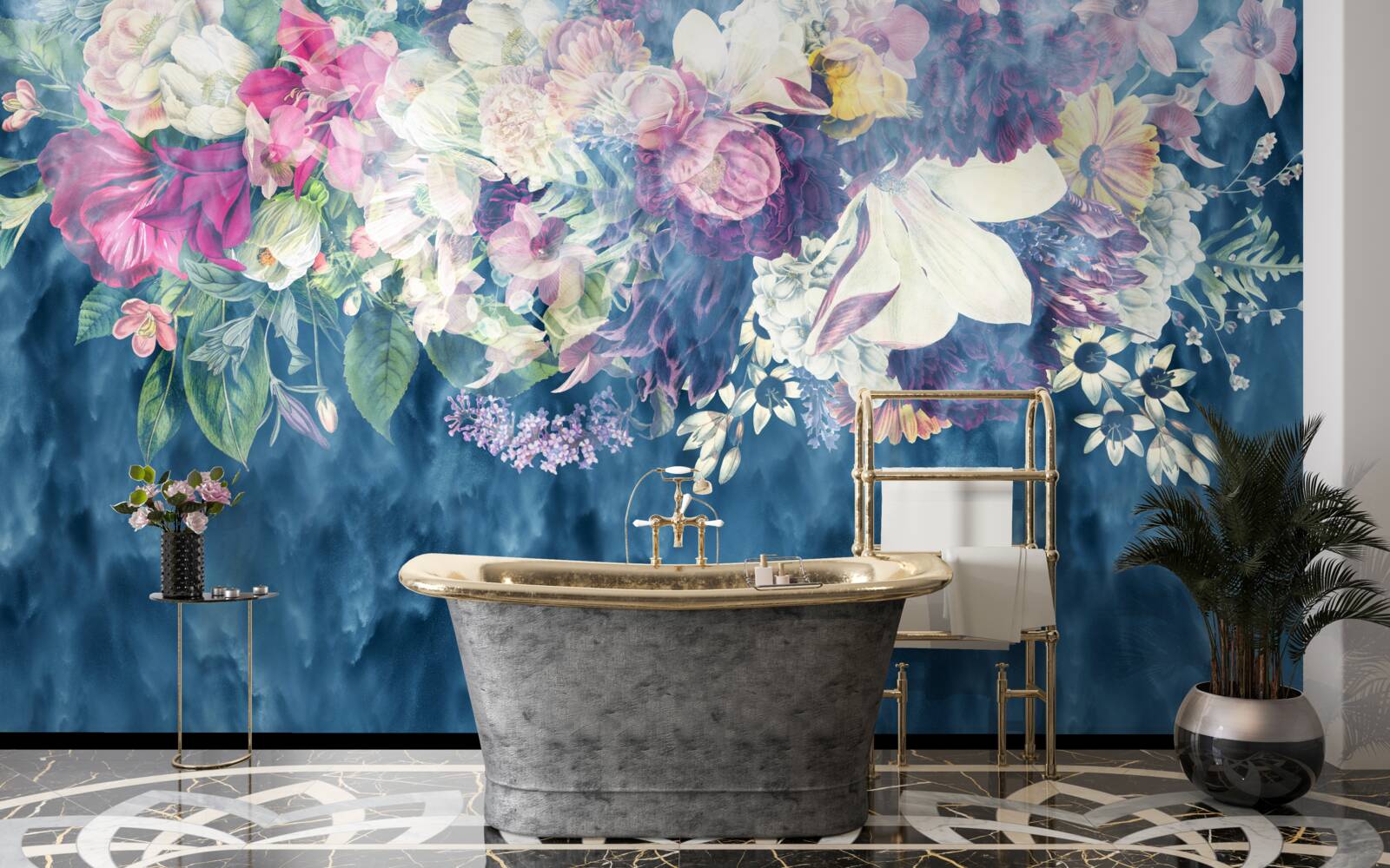 Fototapeta Stena, pohovka a modré tienidlo