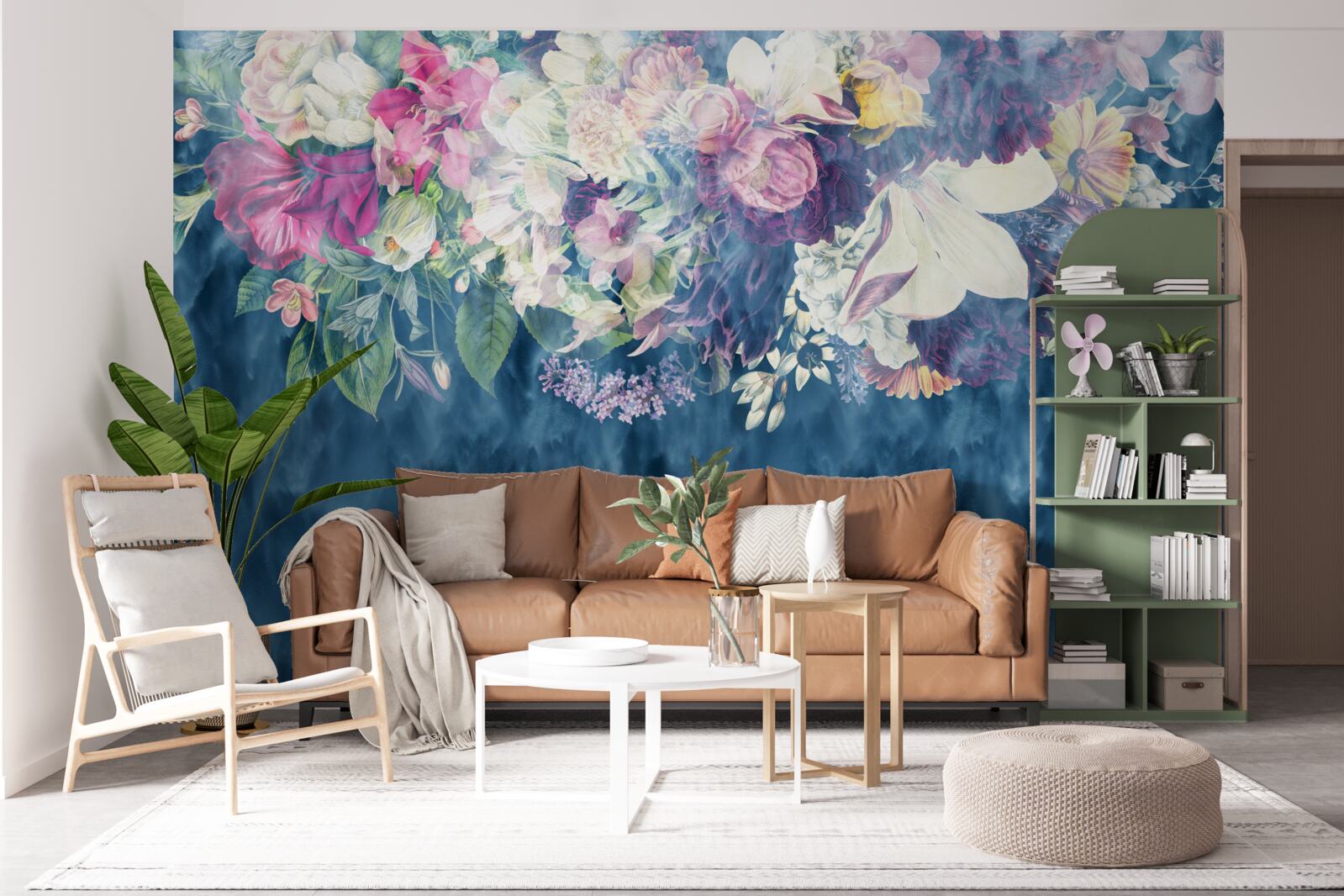 Fototapeta Stena, pohovka a modré tienidlo