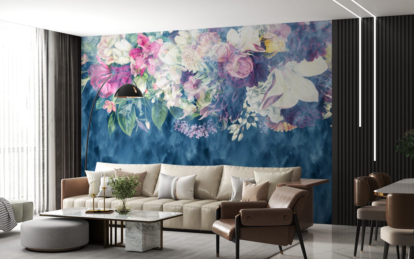 Fototapeta Stena, pohovka a modré tienidlo