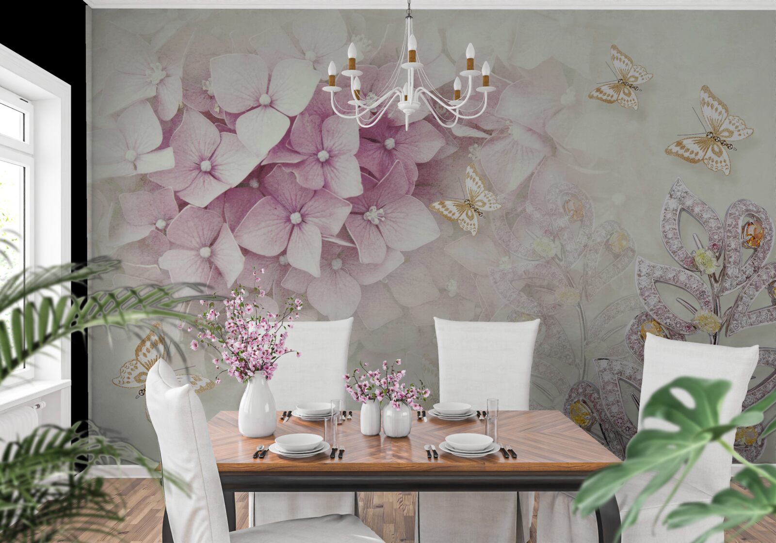 Fototapeta motýle a púčiky ruží