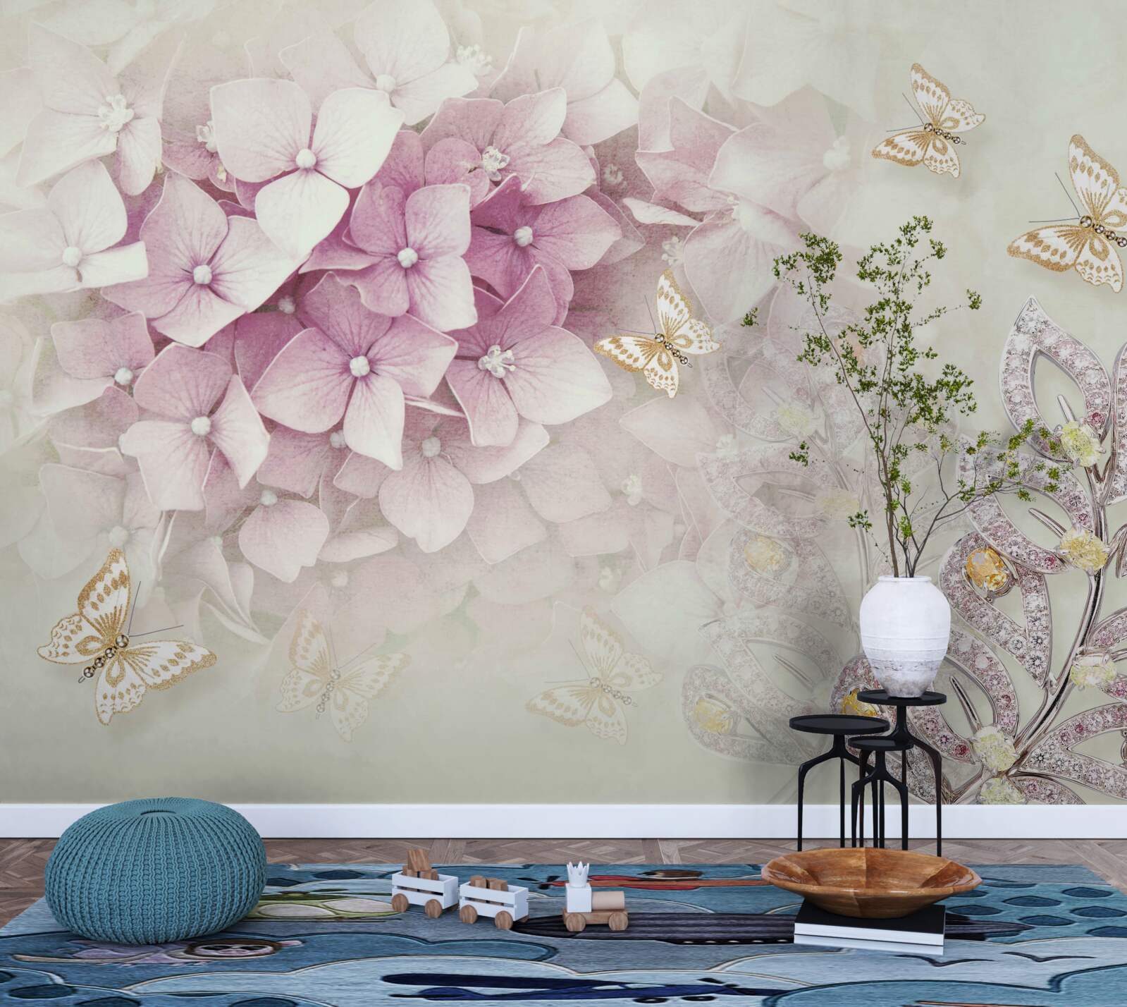 Fototapeta motýle a púčiky ruží