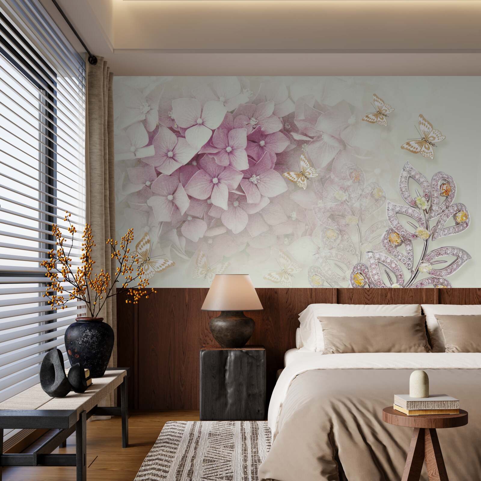 Fototapeta motýle a púčiky ruží