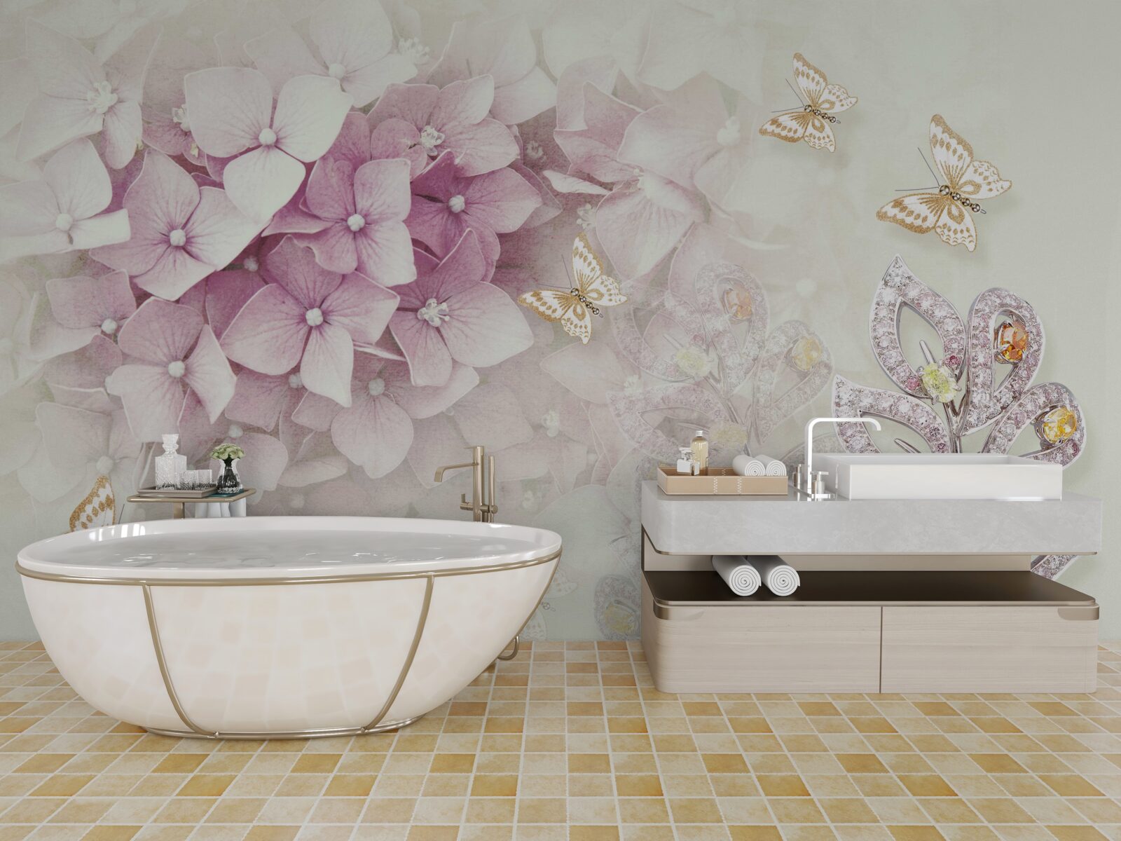 Fototapeta motýle a púčiky ruží