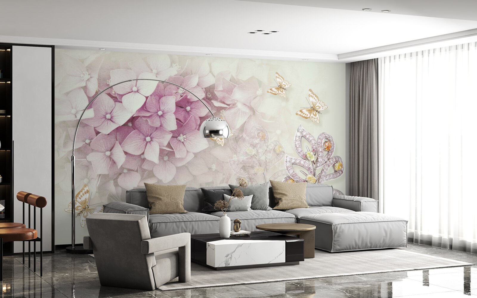 Fototapeta motýle a púčiky ruží