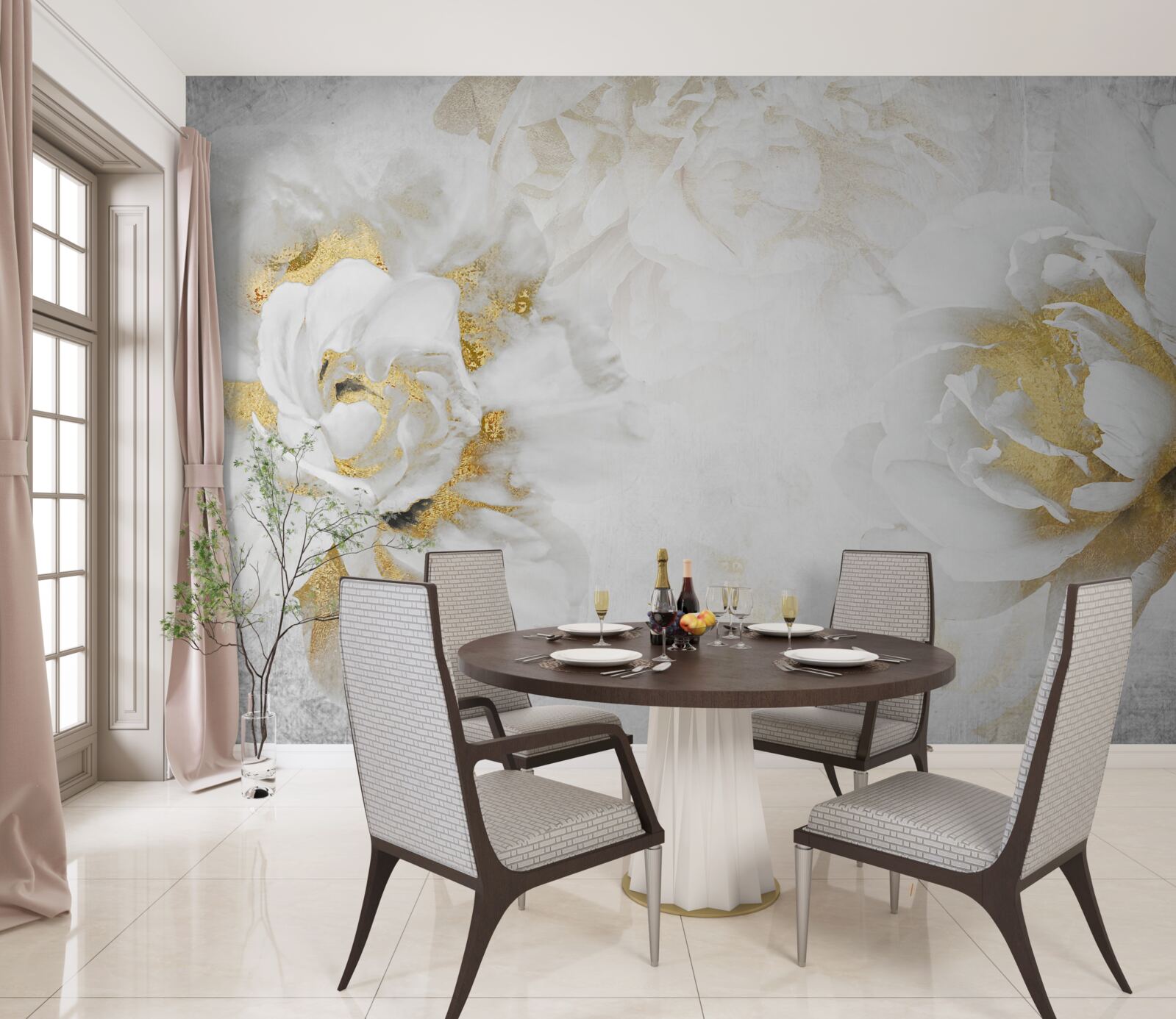 Fototapeta biele kvety so zlatými prvkami