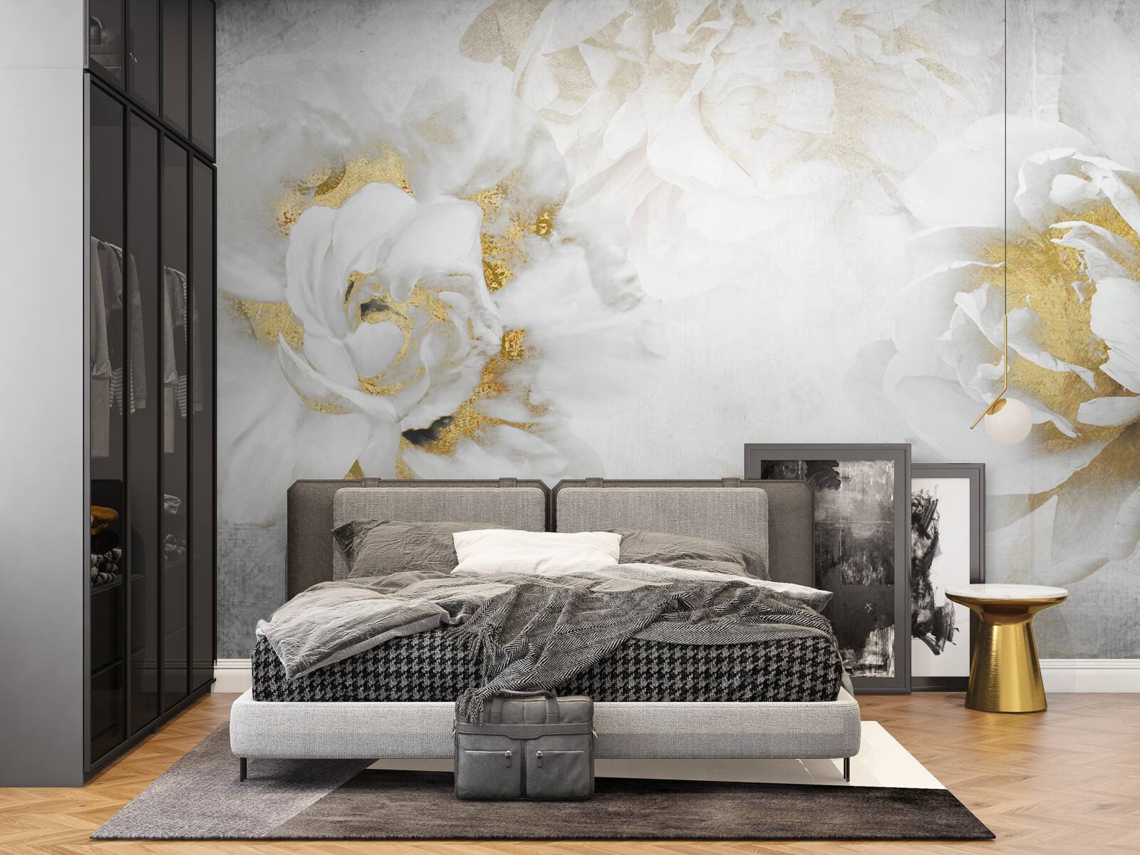 Fototapeta biele kvety so zlatými prvkami