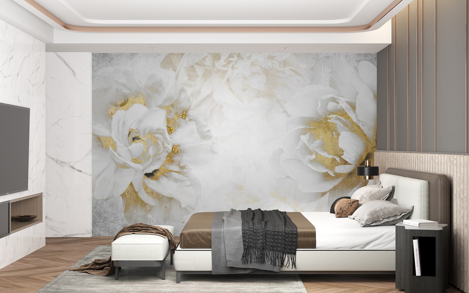 Fototapeta biele kvety so zlatými prvkami