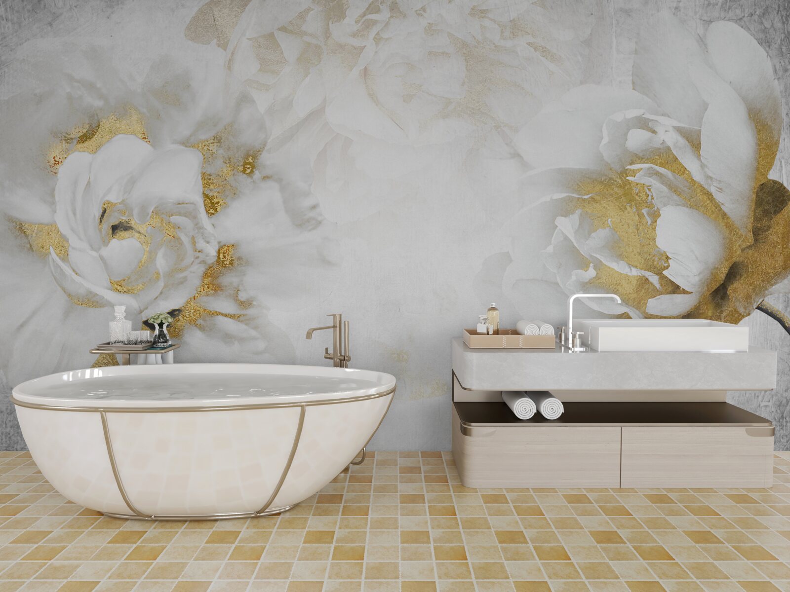 Fototapeta biele kvety so zlatými prvkami