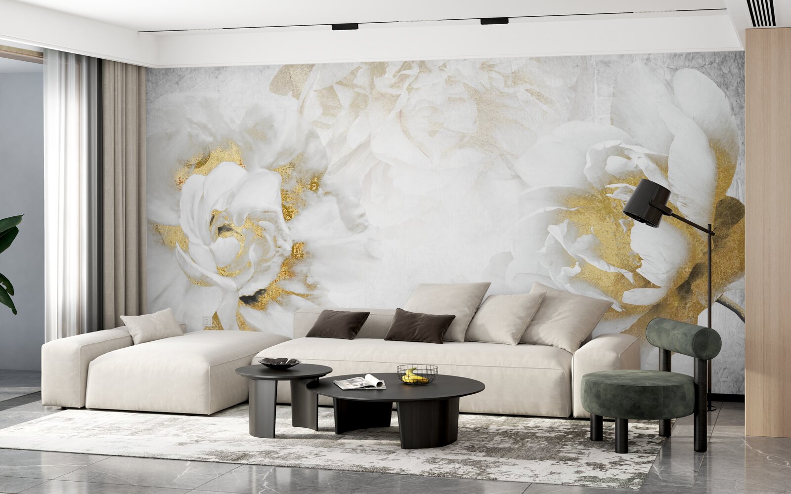 Fototapeta biele kvety so zlatými prvkami