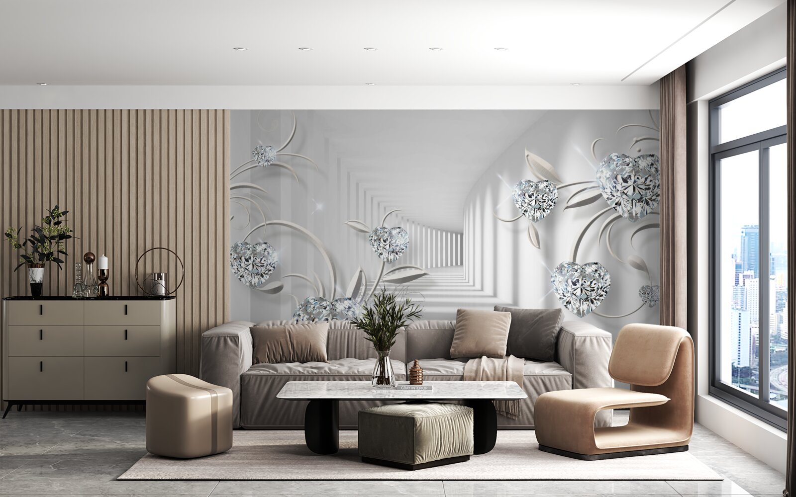 Fototapeta miestnosť v odtieňoch bielej s diamantmi