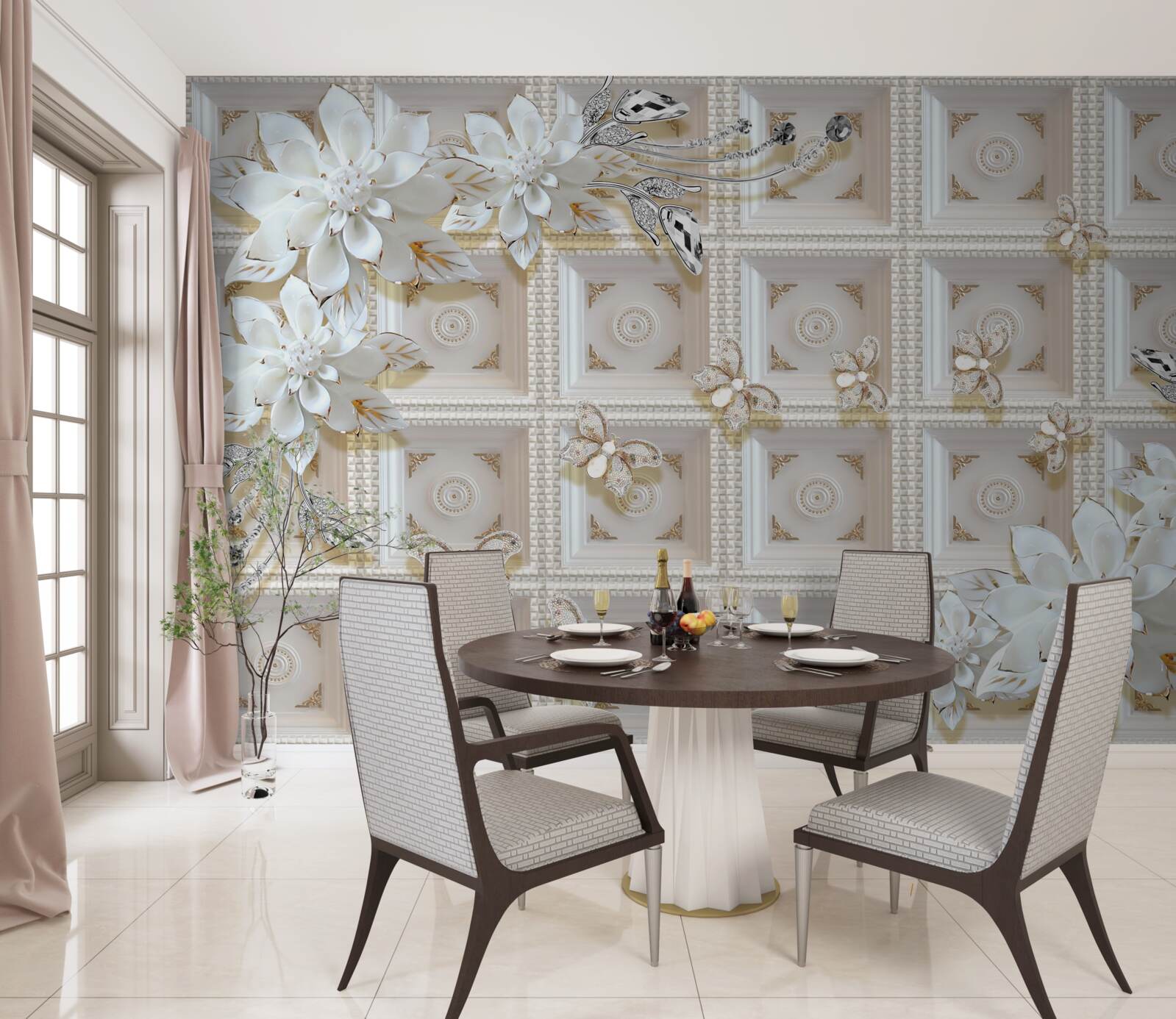 Fototapeta biele kvety na stene tapety