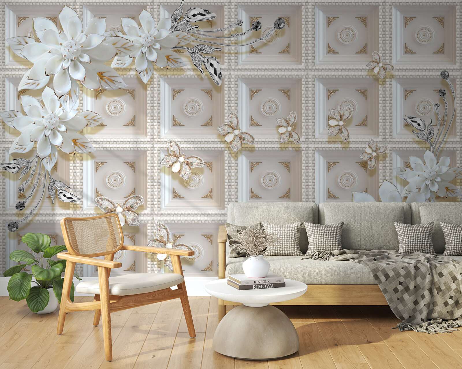 Fototapeta biele kvety na stene tapety