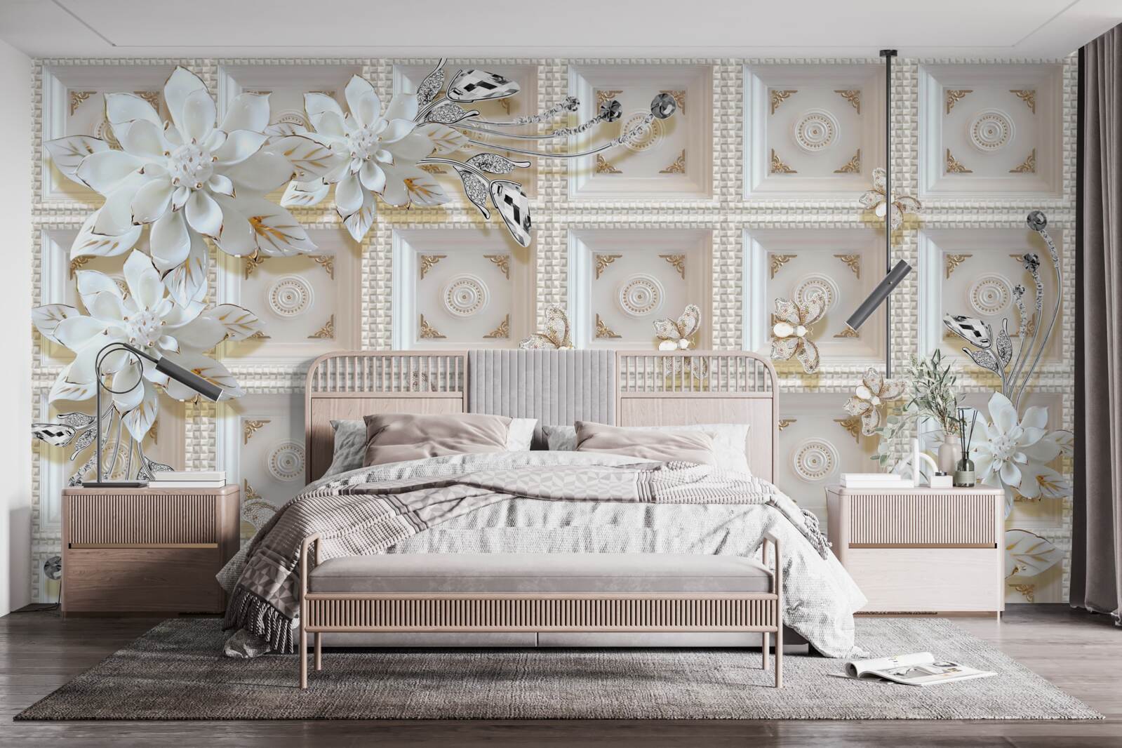 Fototapeta biele kvety na stene tapety