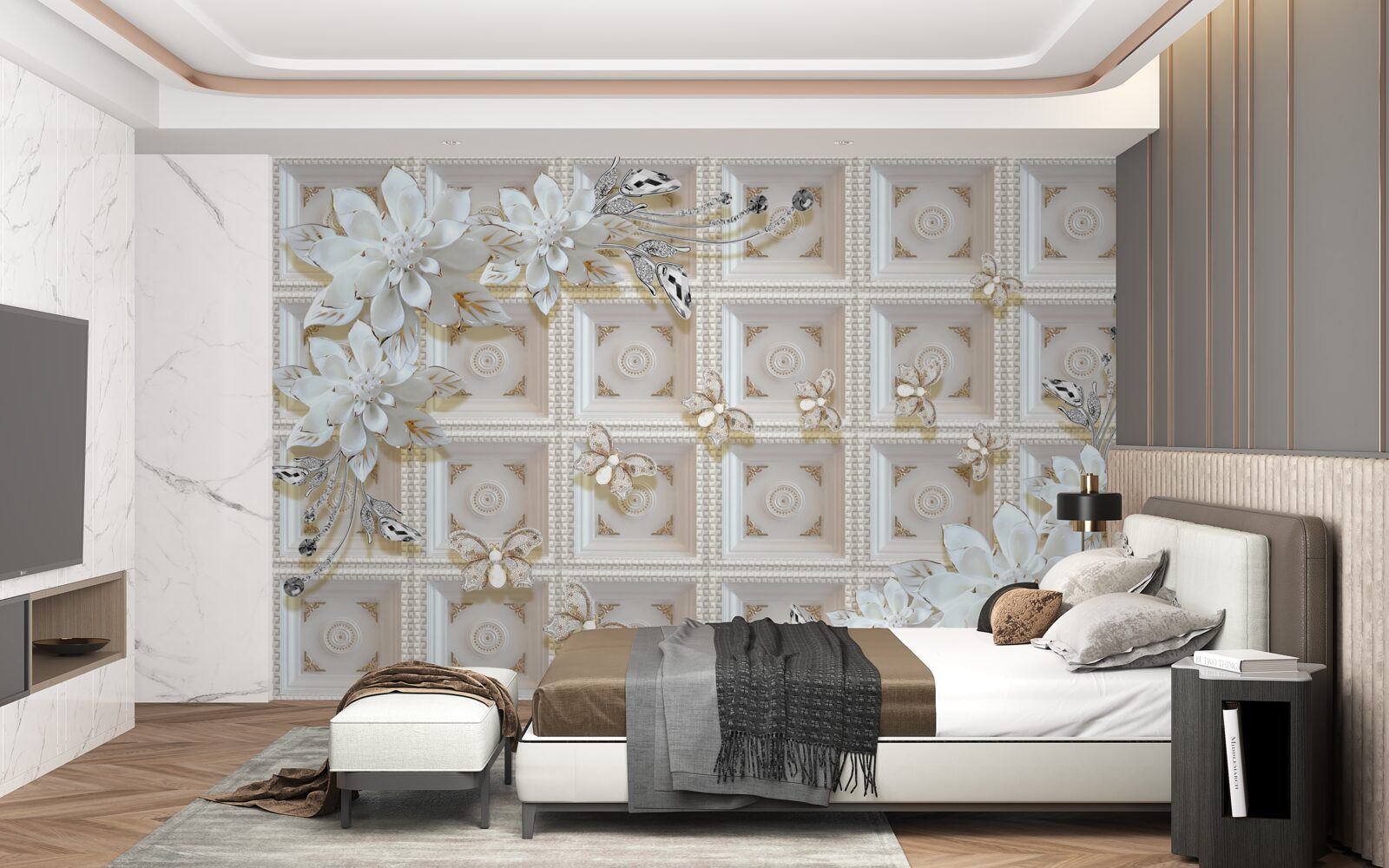 Fototapeta biele kvety na stene tapety