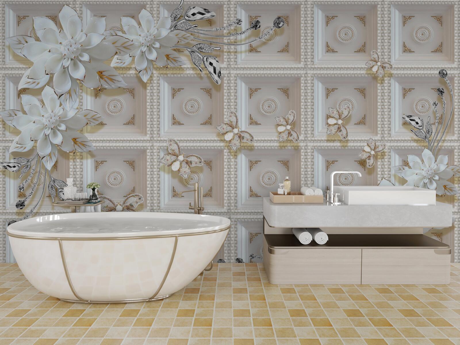 Fototapeta biele kvety na stene tapety