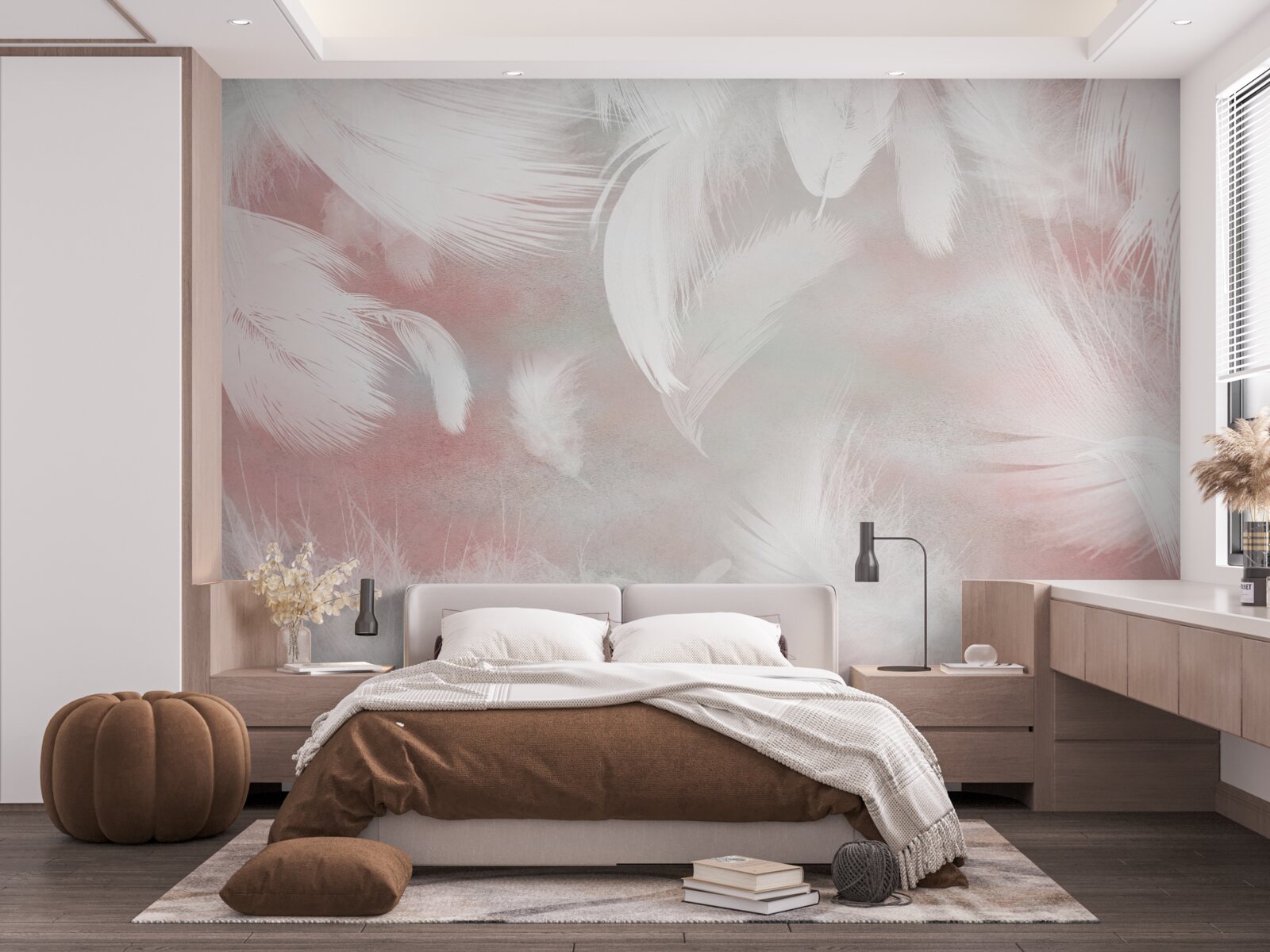 Fototapeta ružový podklad je zdobený bielymi pierkami