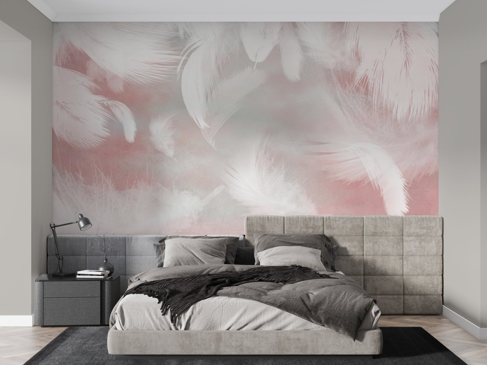 Fototapeta ružový podklad je zdobený bielymi pierkami