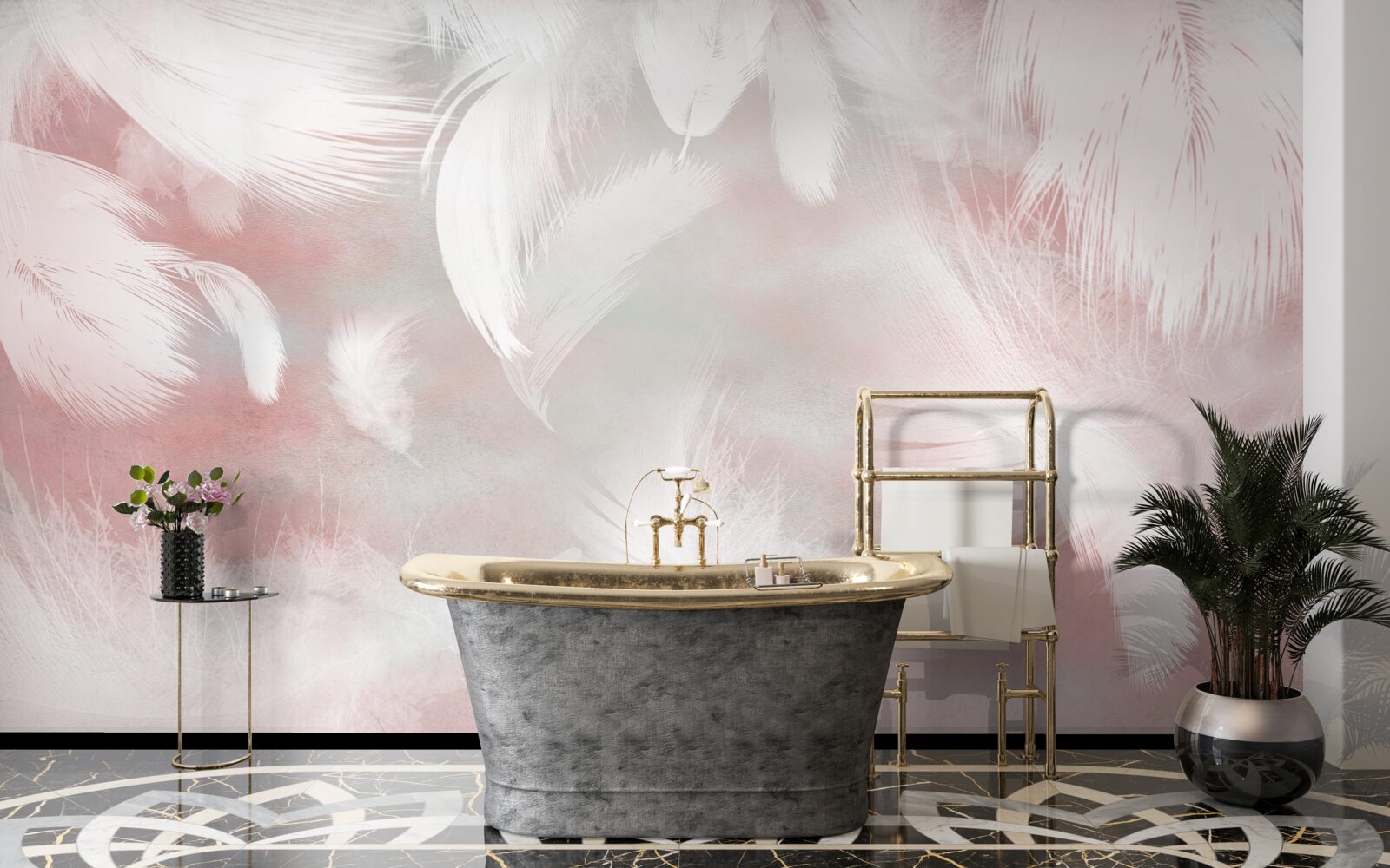 Fototapeta ružový podklad je zdobený bielymi pierkami