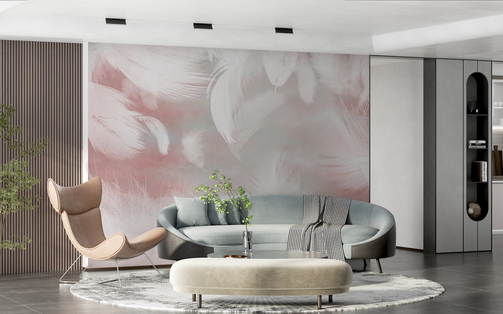 Fototapeta ružový podklad je zdobený bielymi pierkami